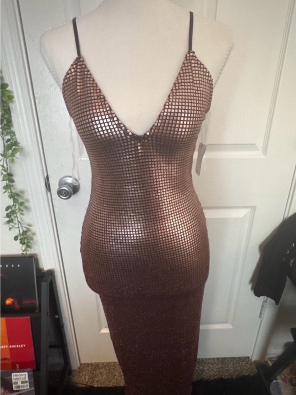 Metallic Copper Maxi Slip Dress with Spaghetti Straps